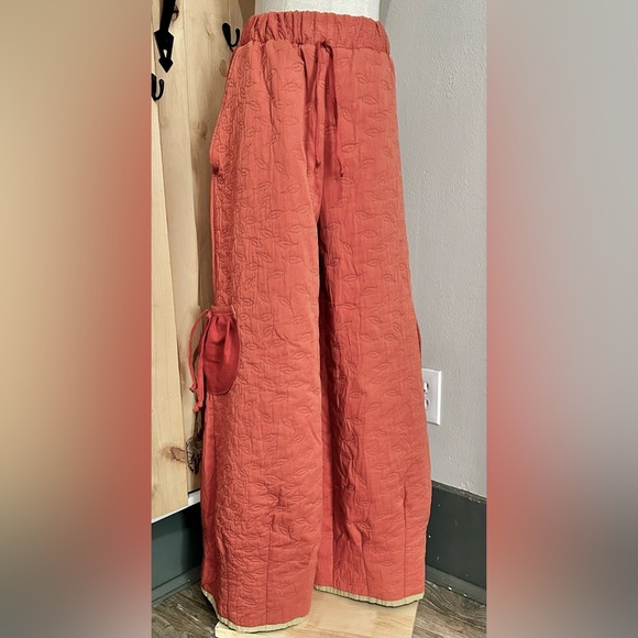NEW Rust Red Orange Leaf Embroidered Boho Quilted Wide Leg Pants Fall Favorite. - Picture 2 of 5
